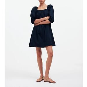 NWT Madewell Square-Neck Puff-Sleeve Babydoll Mini Dress In Navy Blue Size 4